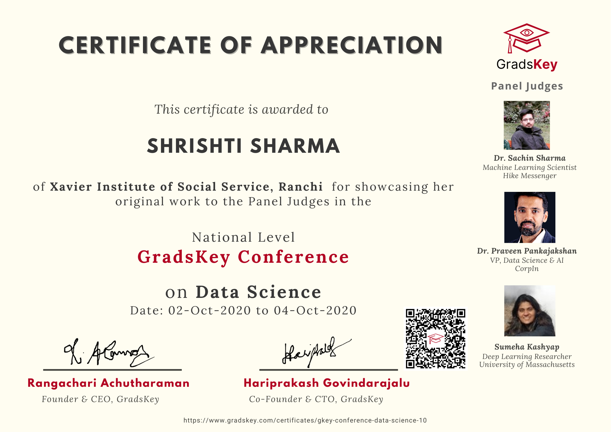 Certificate | GradsKey Data Science Conference - Presenter