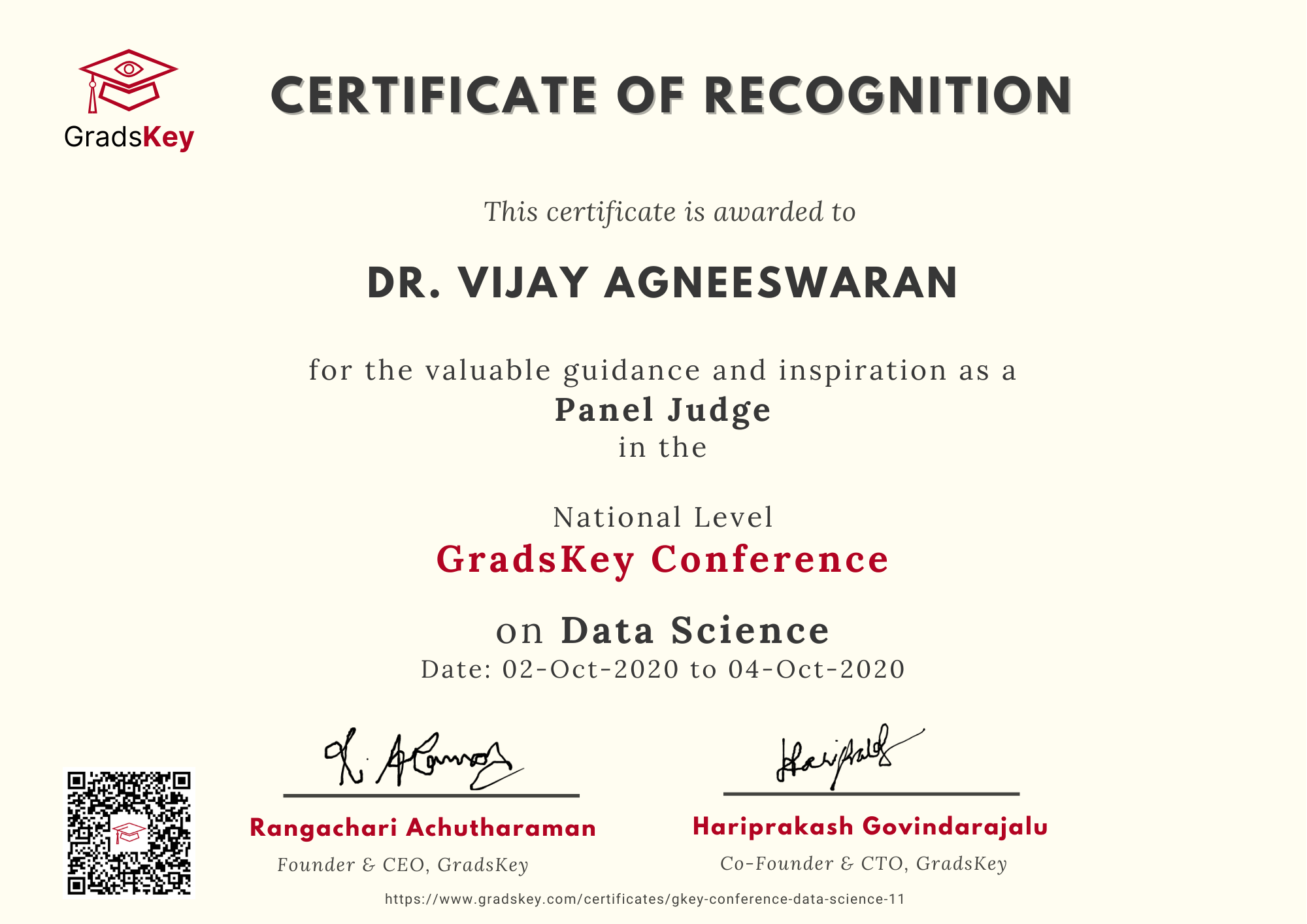 Certificate | GradsKey Data Science Conference - Panel Judge