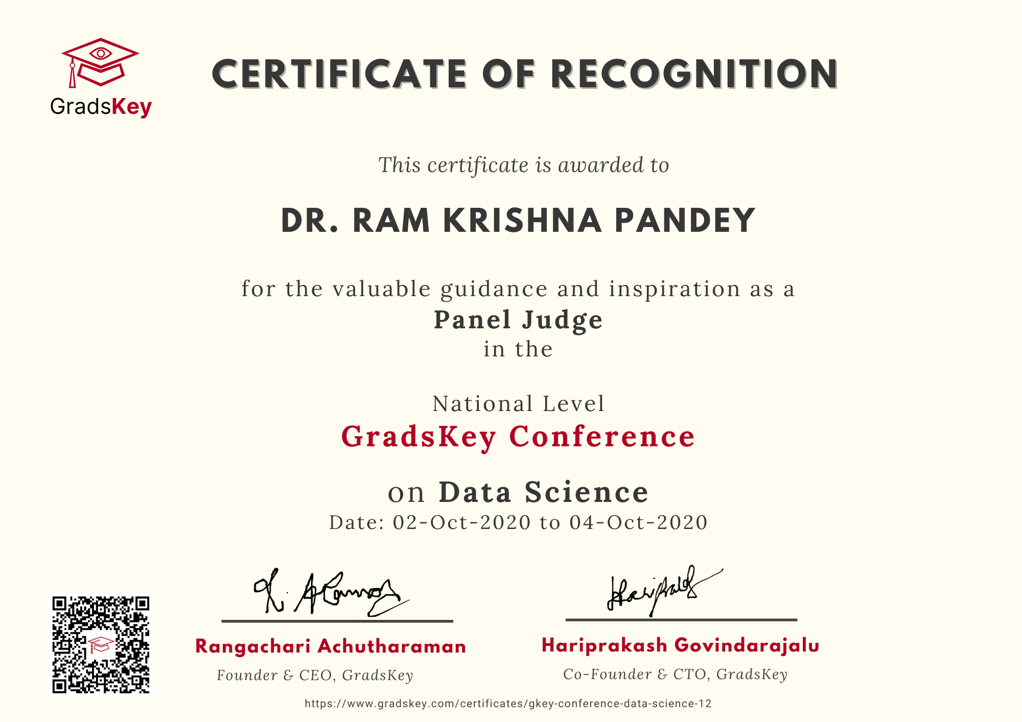 Certificate | GradsKey Data Science Conference - Panel Judge