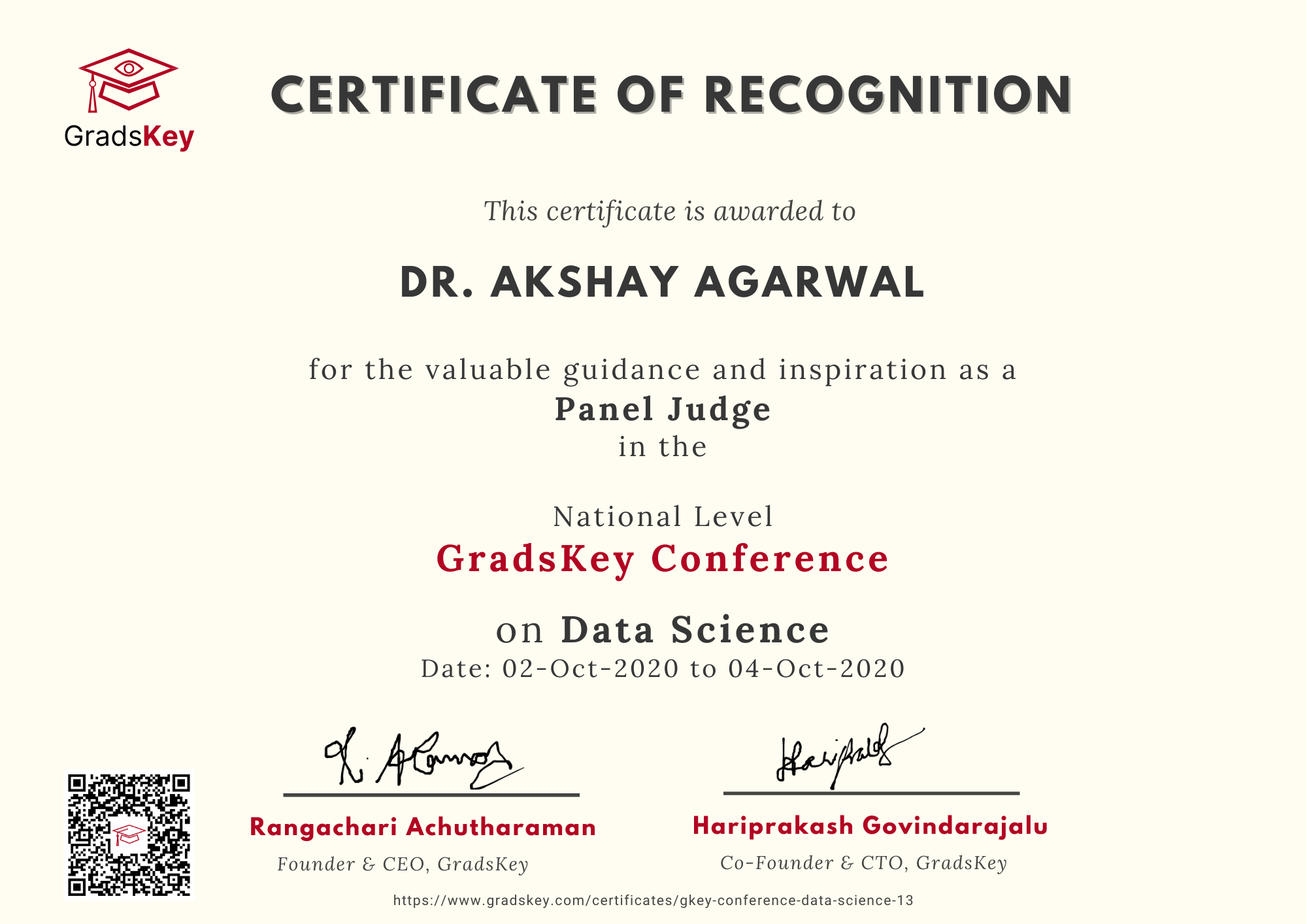 Certificate | GradsKey Data Science Conference - Panel Judge