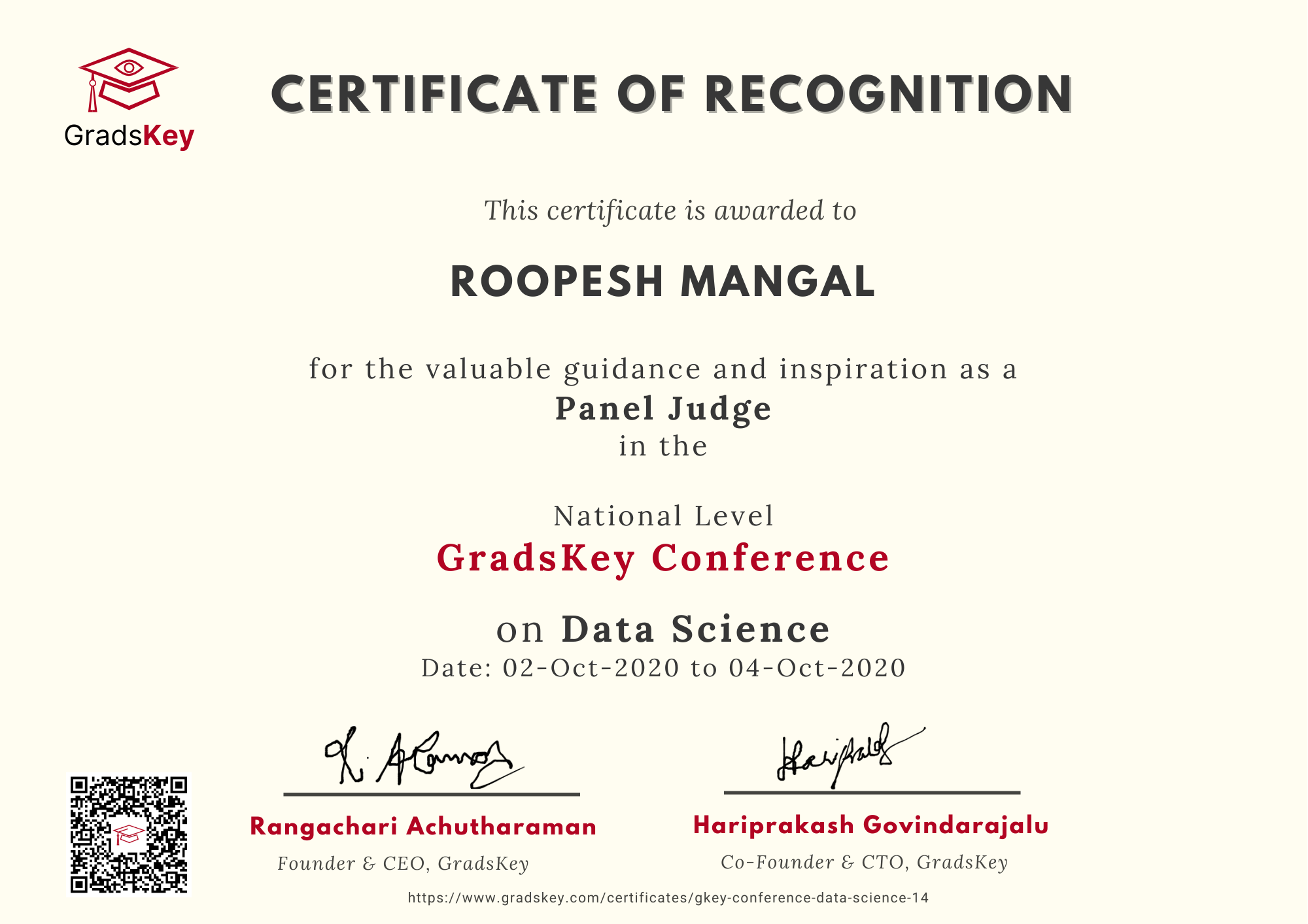 Certificate | GradsKey Data Science Conference - Panel Judge