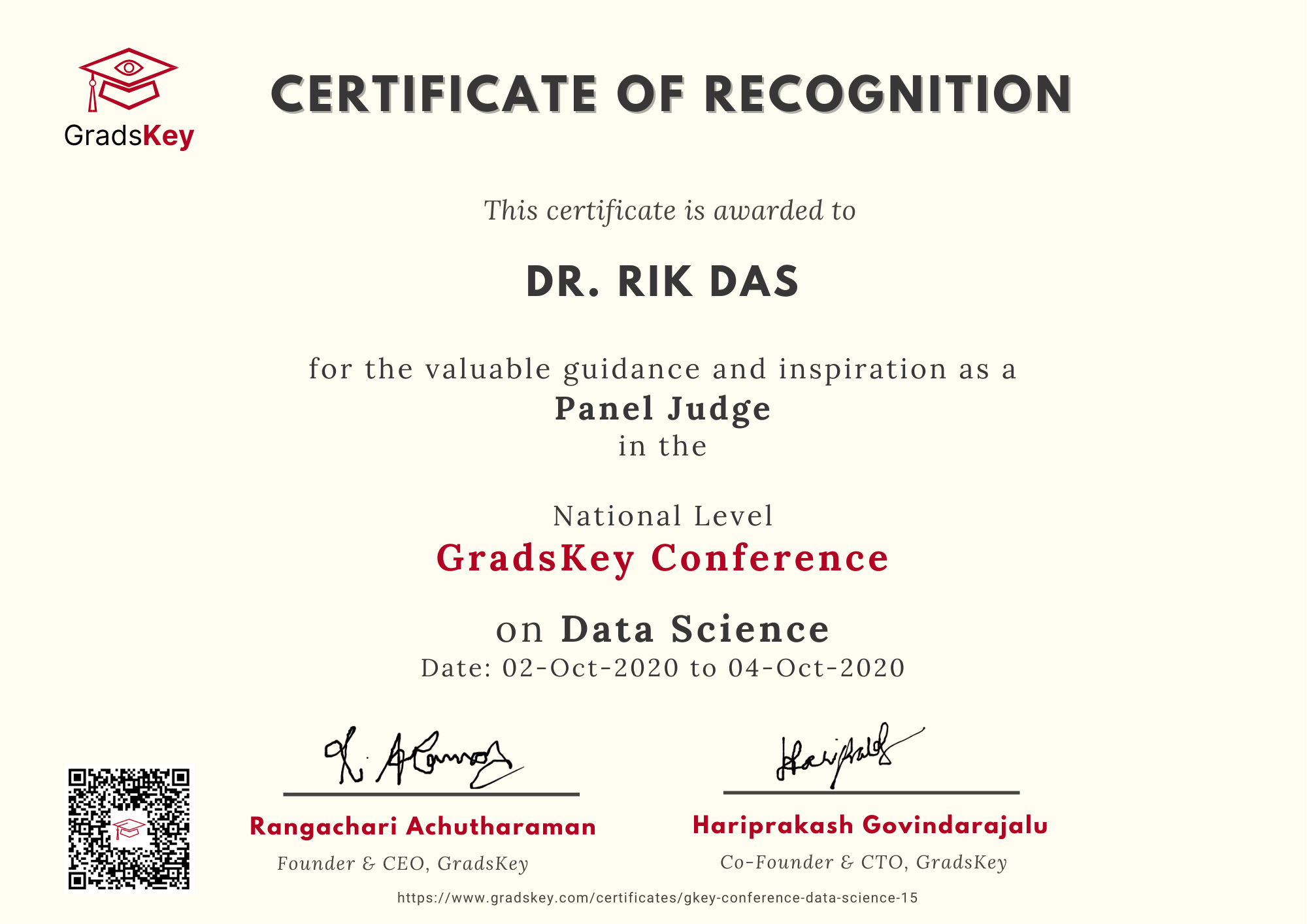 Certificate | GradsKey Data Science Conference - Panel Judge