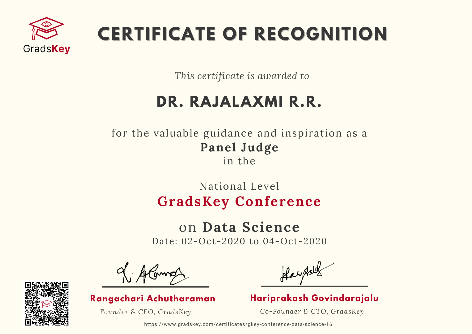 Certificate | GradsKey Data Science Conference - Panel Judge