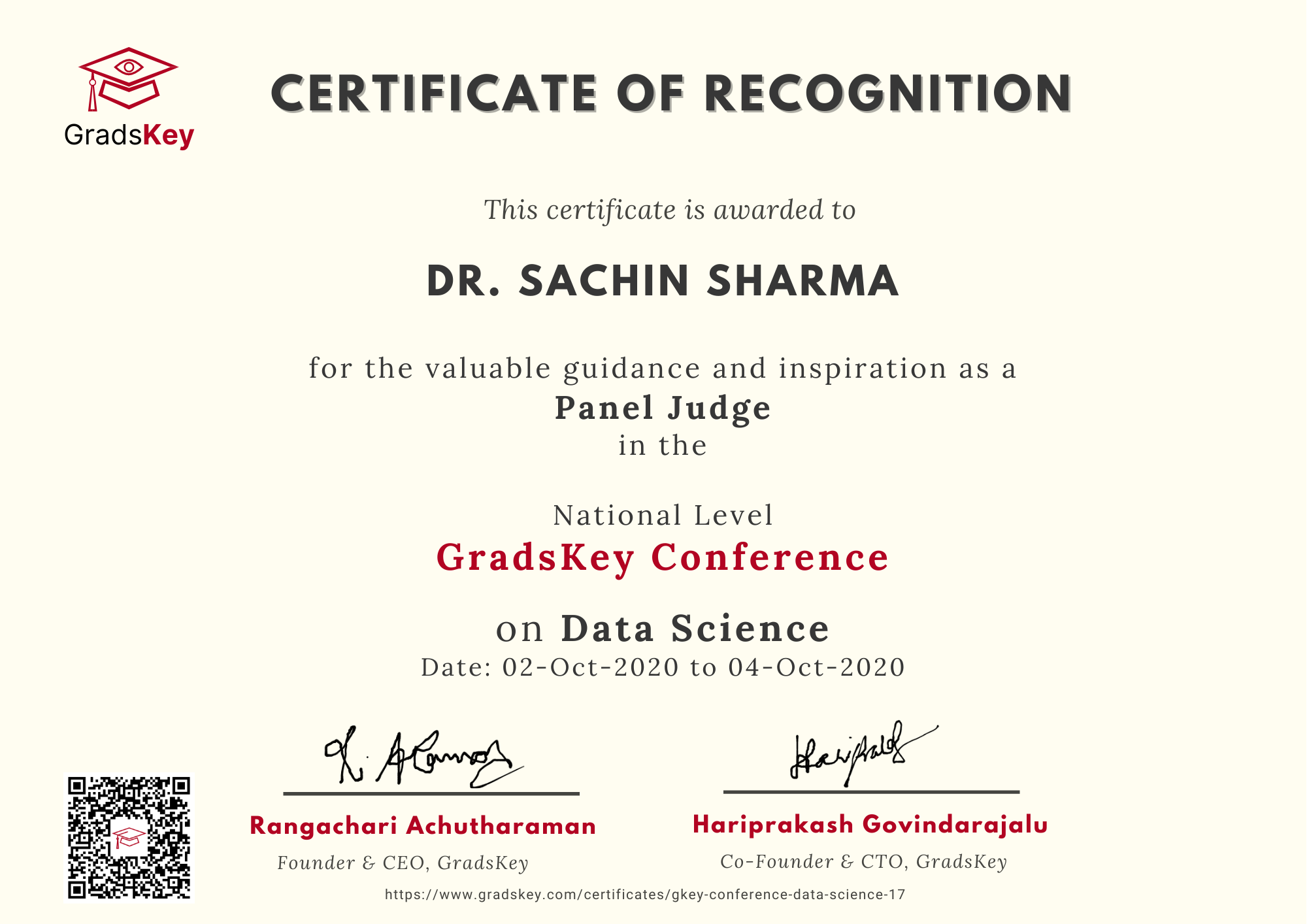 Certificate | GradsKey Data Science Conference - Panel Judge