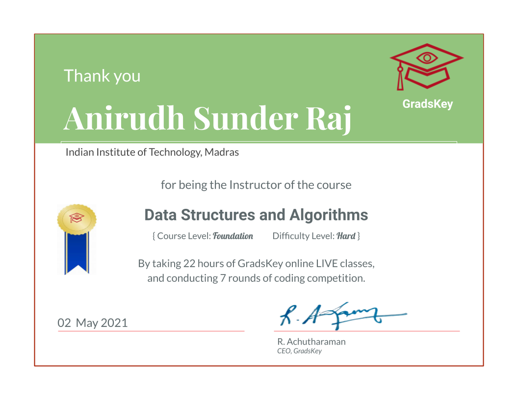 Certificate | Course Instructor for DS and Algorithms