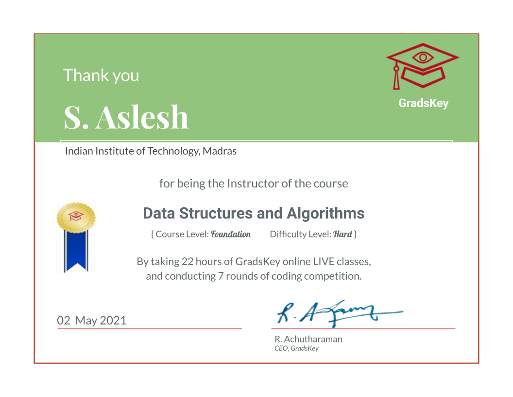 Certificate | Course Instructor for DS and Algorithms