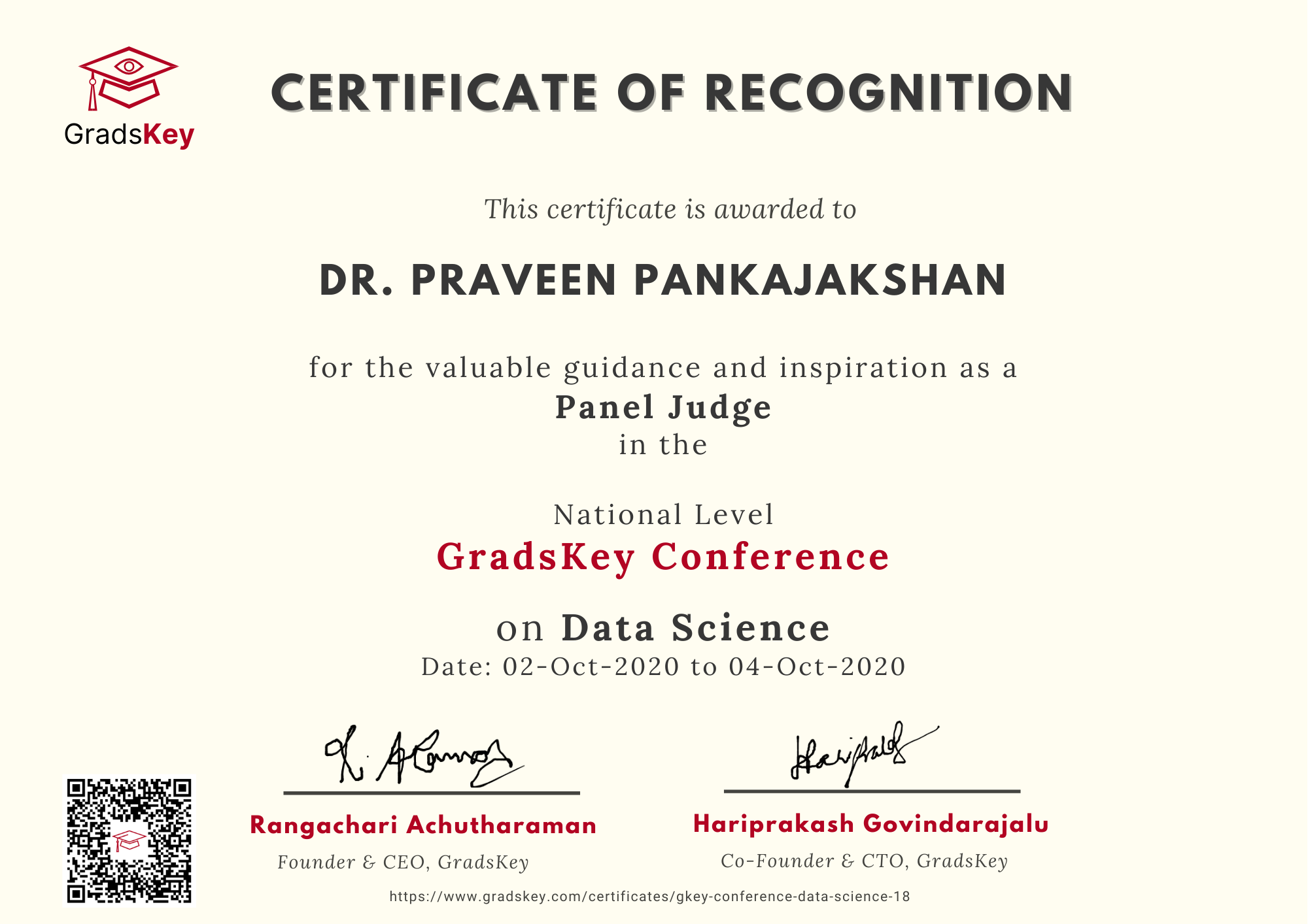 Certificate | GradsKey Data Science Conference - Panel Judge