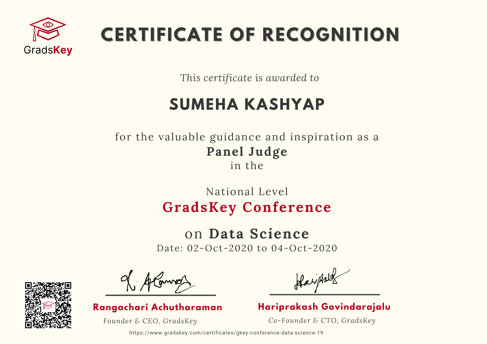 Certificate | GradsKey Data Science Conference - Panel Judge