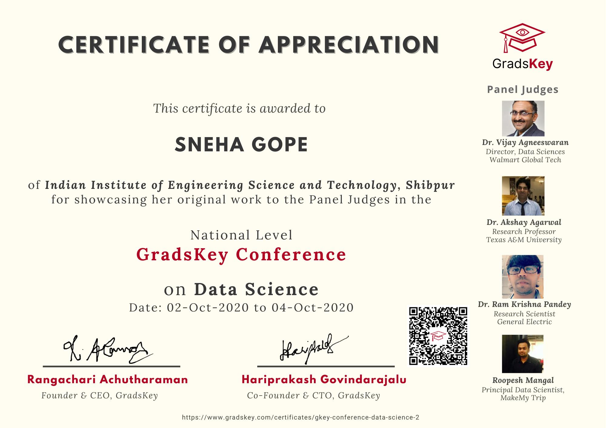 Certificate | GradsKey Data Science Conference - Presenter