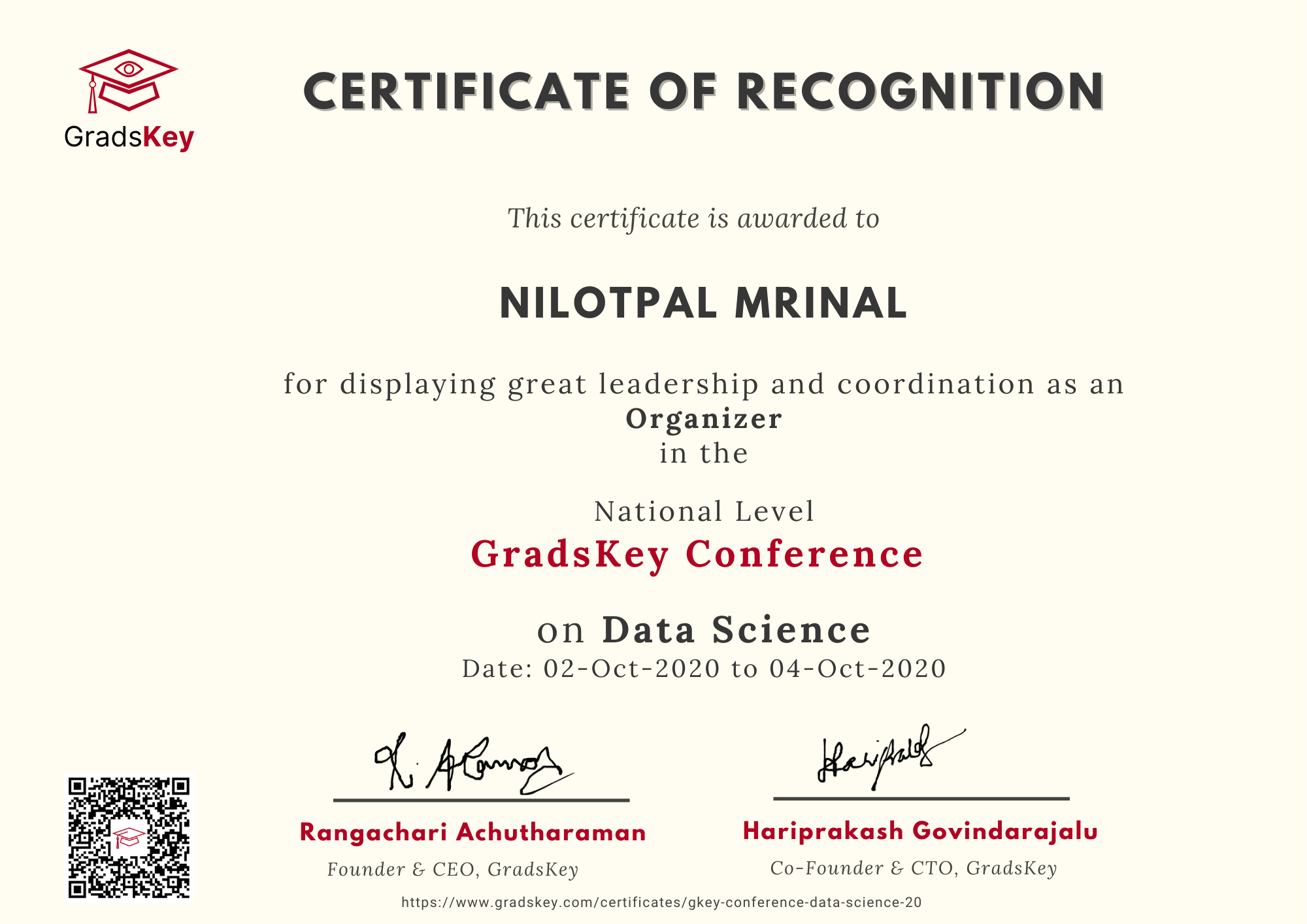 Certificate | GradsKey Data Science Conference - Organizer