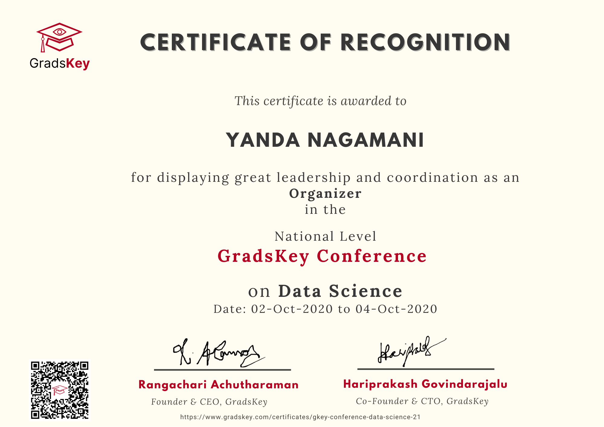 Certificate | GradsKey Data Science Conference - Organizer