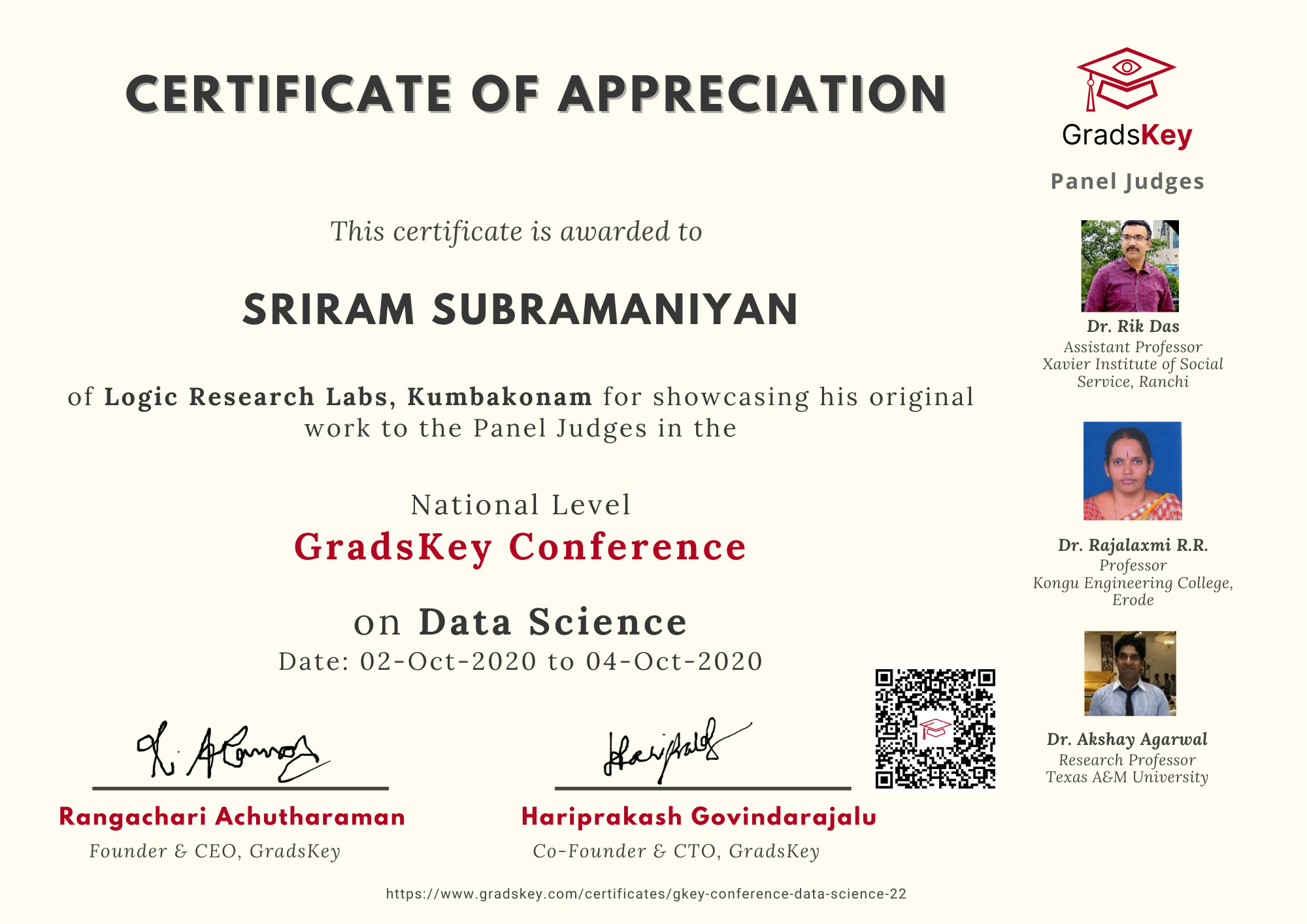 Certificate | GradsKey Data Science Conference - Presenter