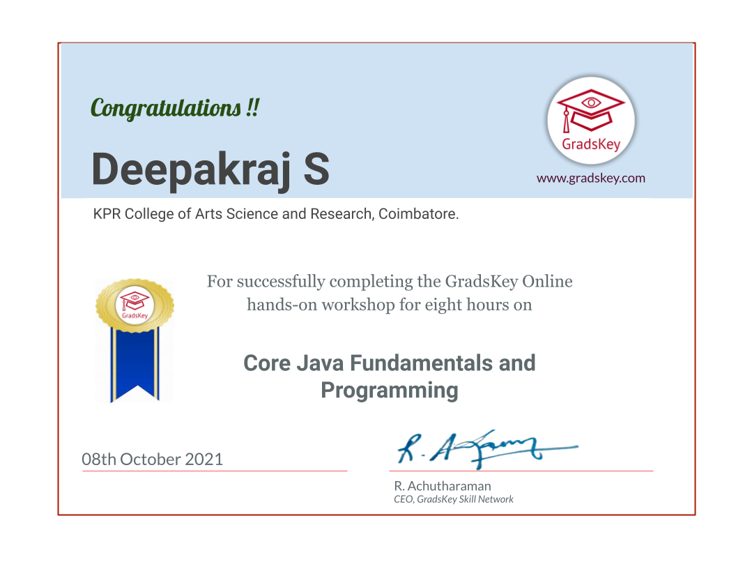 Certificate | Core Java Fundamentals and Programming