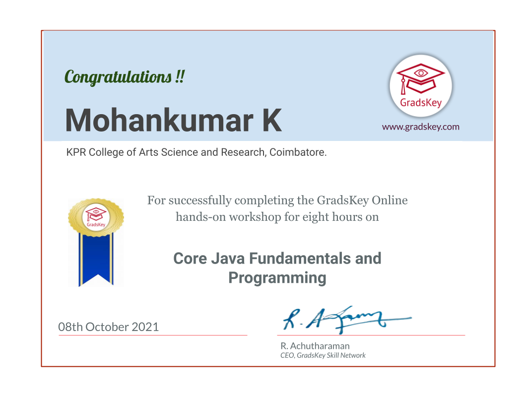 Certificate | Core Java Fundamentals and Programming