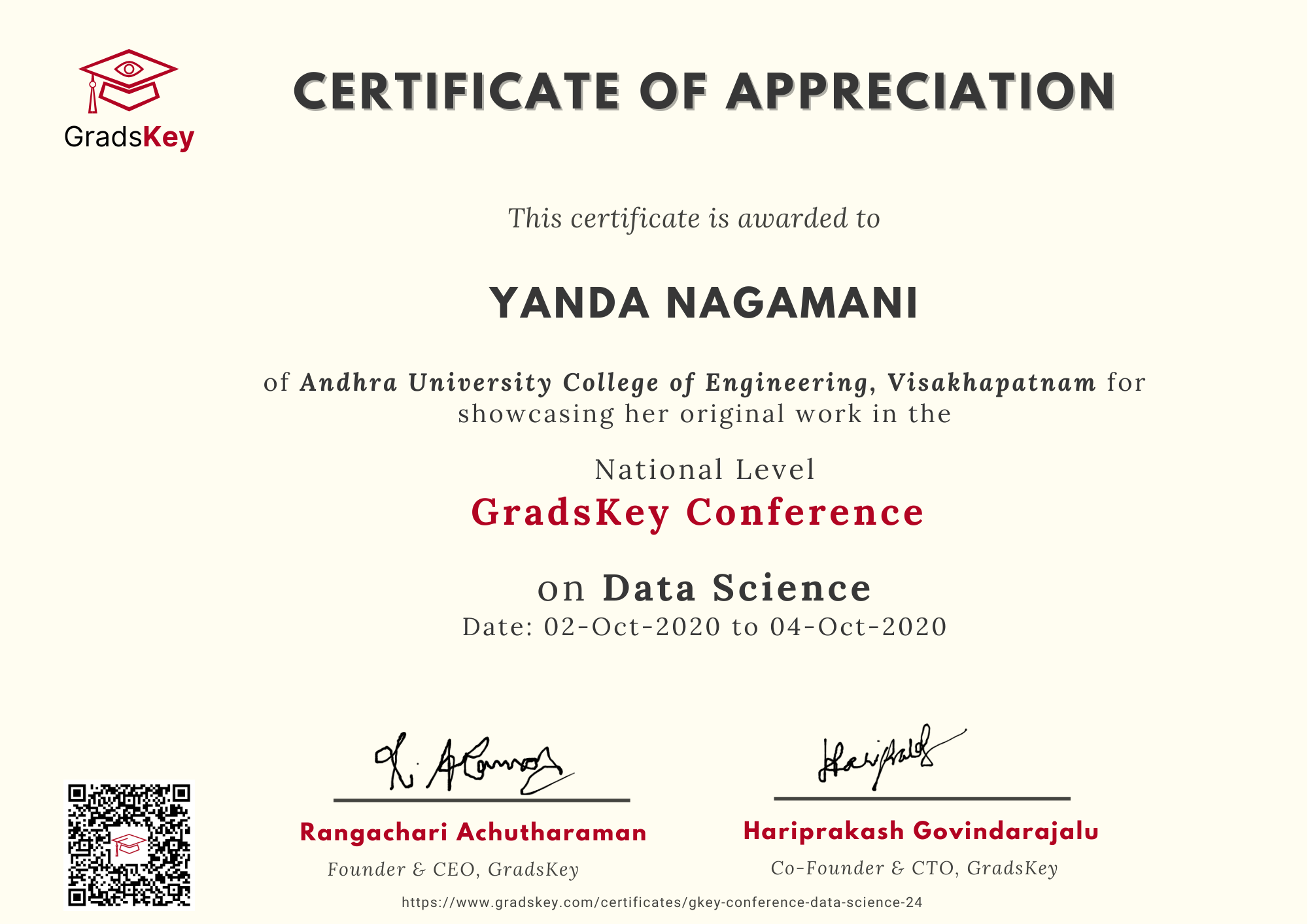 Certificate | GradsKey Data Science Conference - Presenter