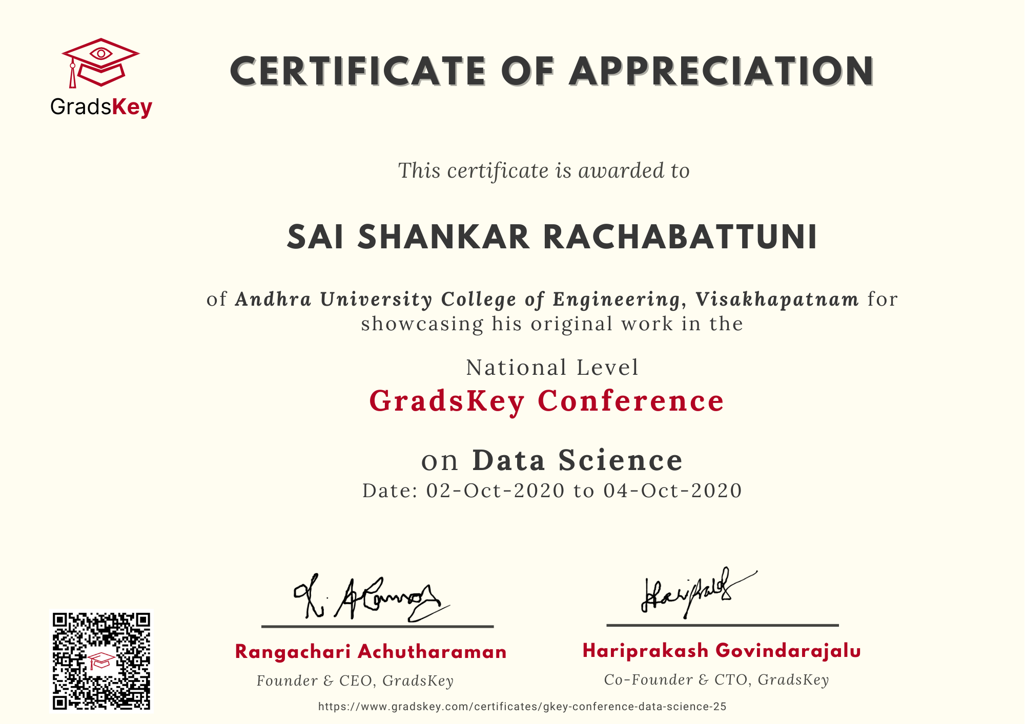 Certificate | GradsKey Data Science Conference - Presenter