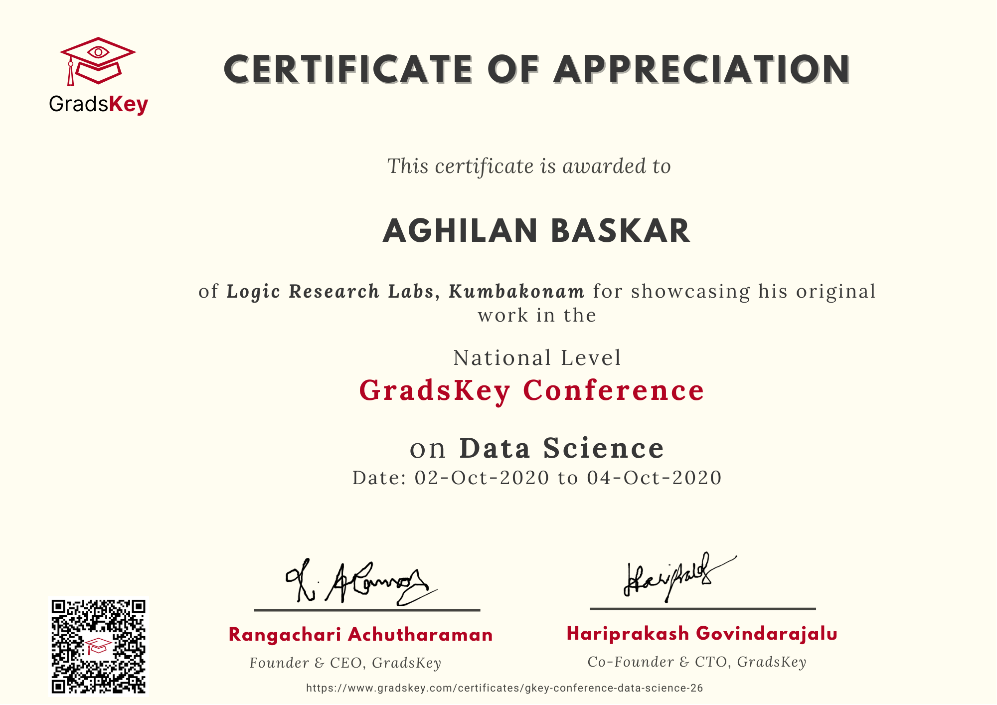 Certificate | GradsKey Data Science Conference - Presenter