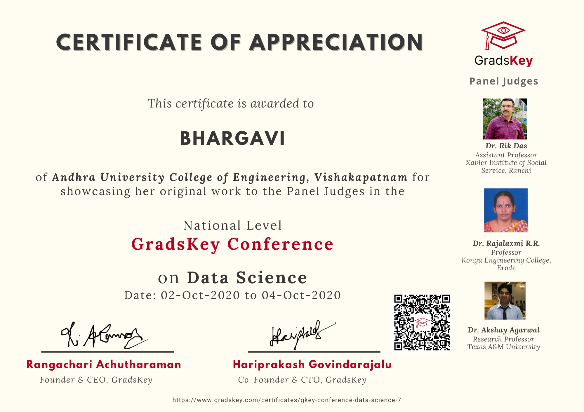 Certificate | GradsKey Data Science Conference - Presenter