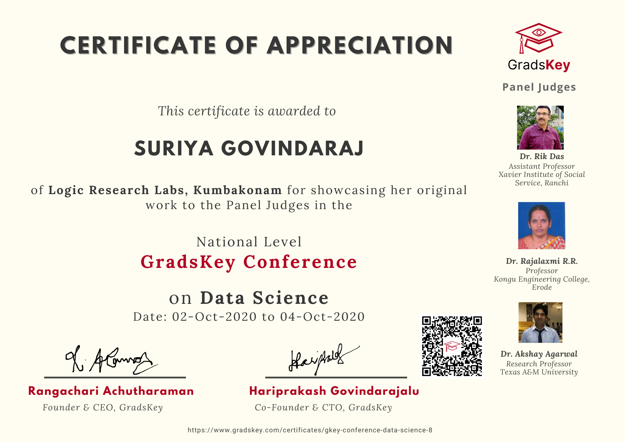 Certificate | GradsKey Data Science Conference - Presenter