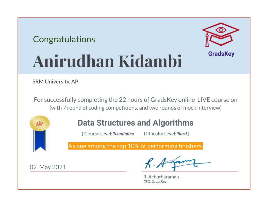 Certificate | DS & Algorithms - Live Course