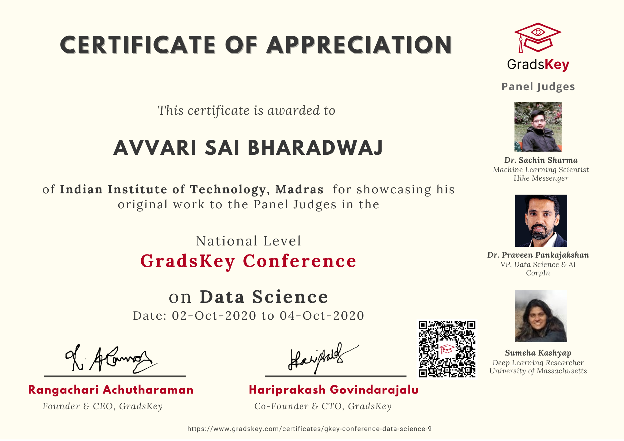 Certificate | GradsKey Data Science Conference - Presenter